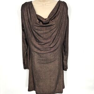 Fraiche by J Metallic Bronze Long Sleeve Midi Dress Cowl Neck Sz M NWT